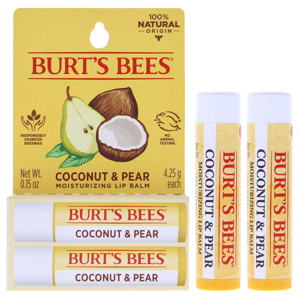 Burts Bees Coconut and Pear Moisturizing Lip Balm Twin Pack Unisex Lip Balms & Moisturizers 0.15 OZ | 4 G