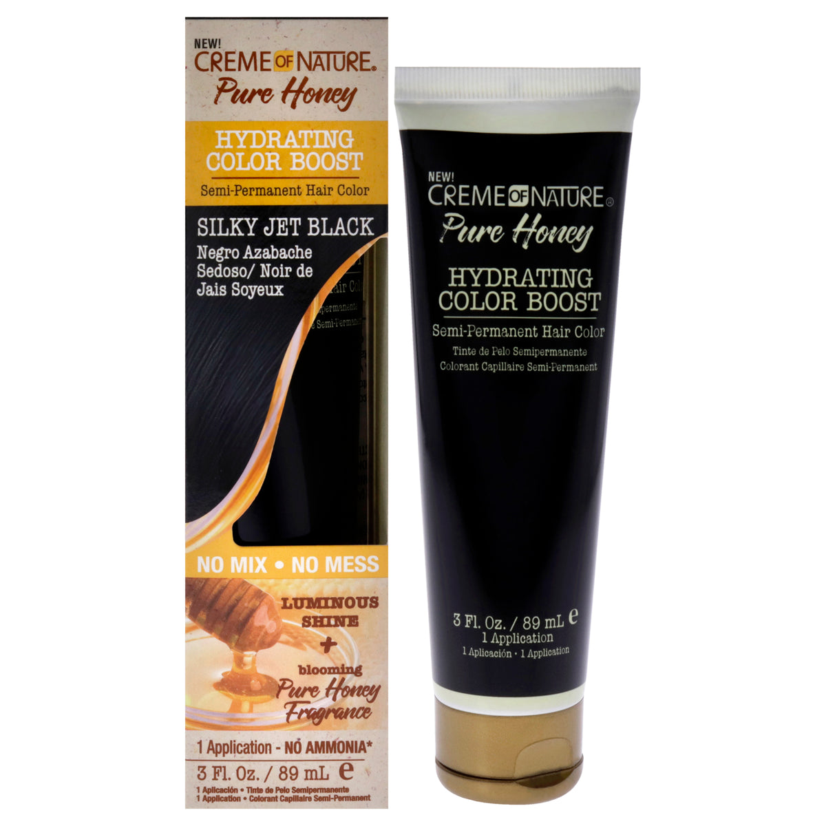 Creme of Nature Pure Honey Hydrating Color Boost Semi-Permanent Hair Color Silky Jet Black Unisex Color Dye 3 OZ | 88 G