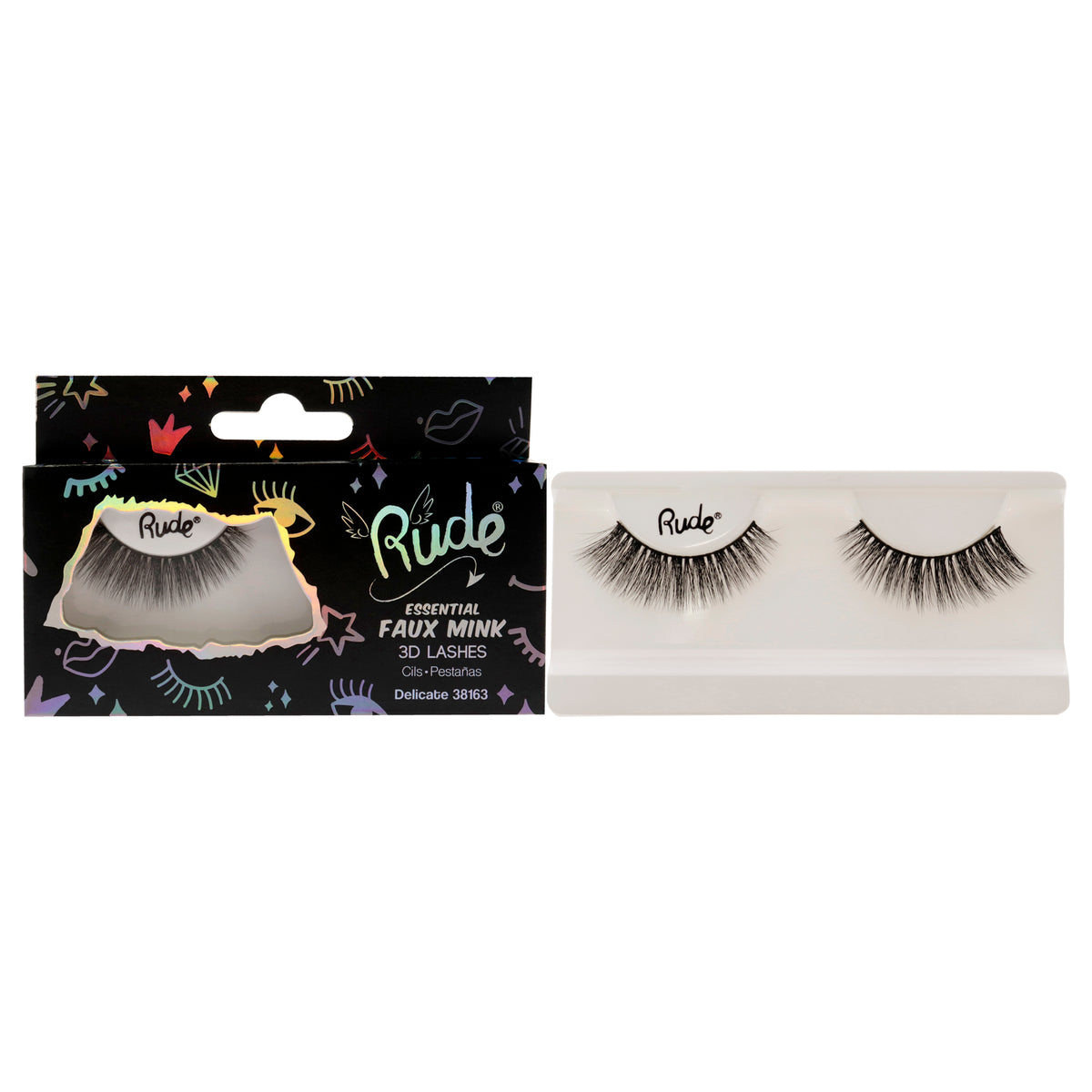 Rude Cosmetics Essential Faux Mink 3D Lashes - Delicate Women's False Eyelashes & Adhesives