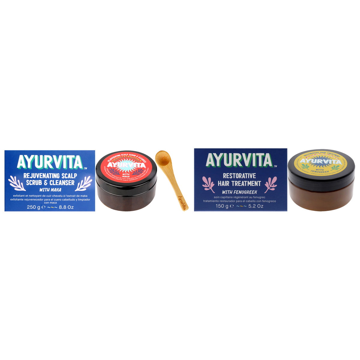 AyurVita Restorative Hair Treatment With Fenugreek and Maka Rejuvenating Scalp Scrub and Cleanser Kit Unisex Hair Treatment Sets & Kits 5.2 OZ | 154 ML